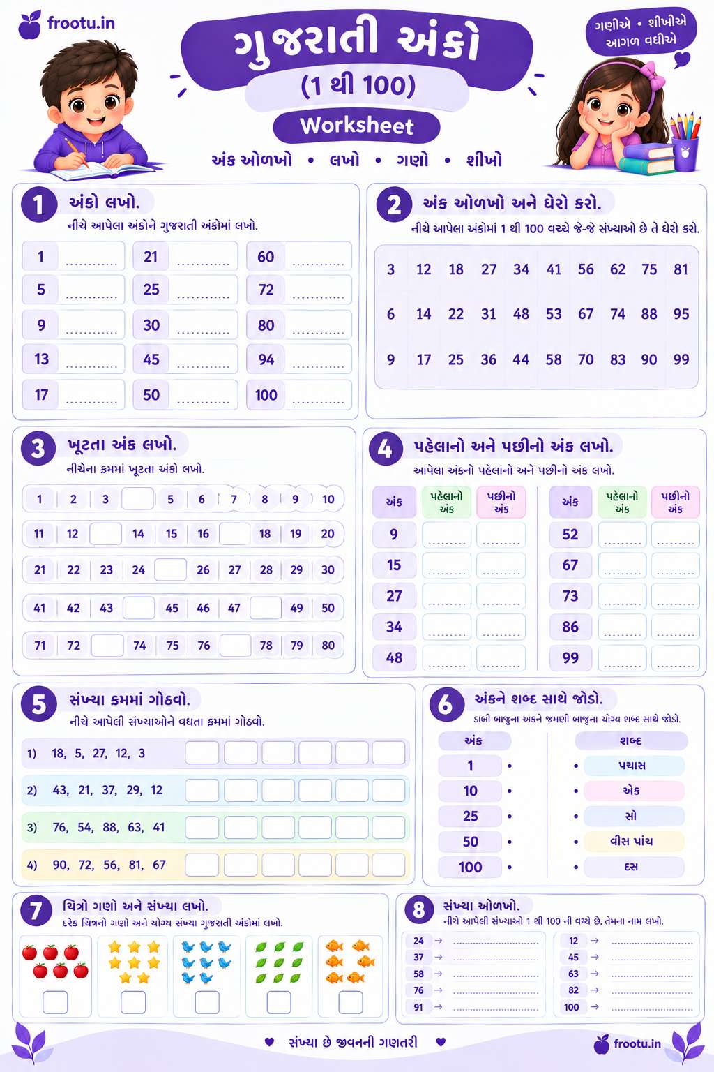 Gujarati Numbers Worksheet 1 To 100